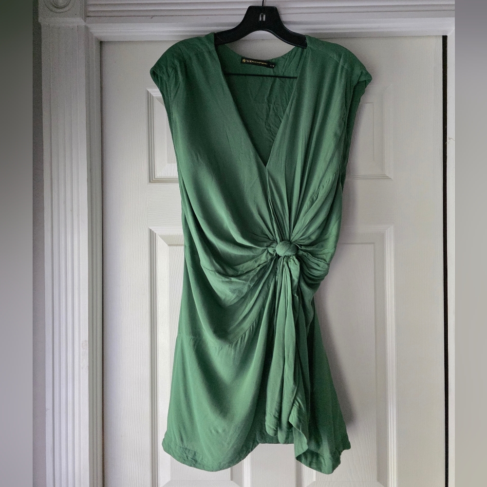 Vix Green Sheath Midi Dress with Flutter Sleeves